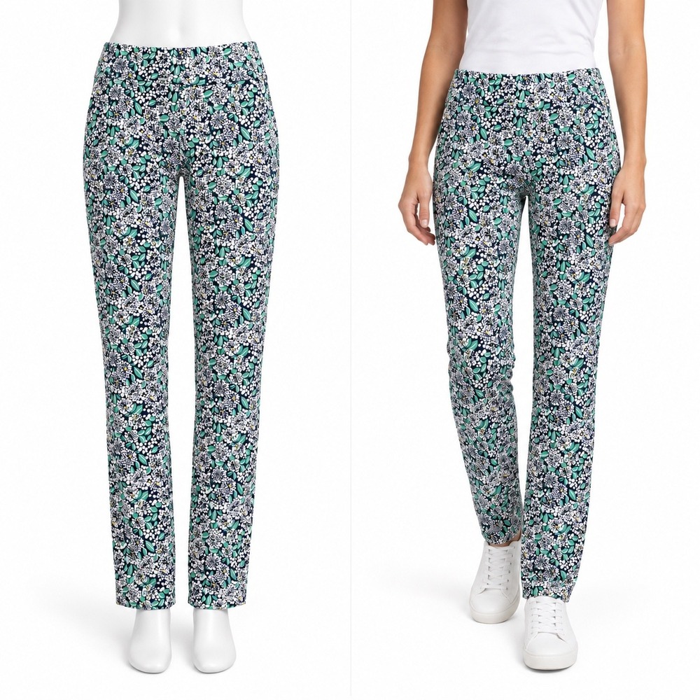 Lands End Starfish Slim Leg Pants Womens M Petite Green Floral Stretch Pull On